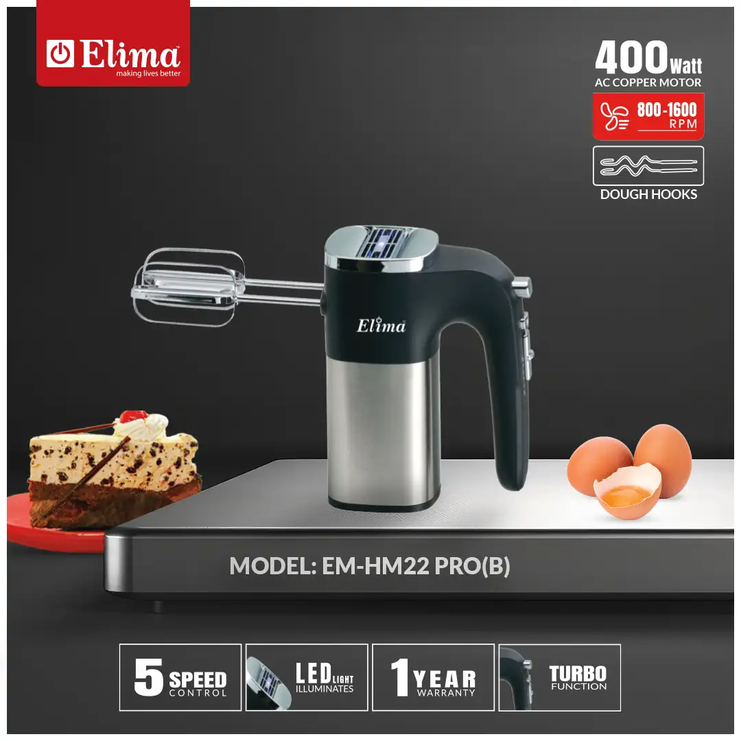 EN-HM22 PRO(B) EM-HM22 PRO(B) PRO Elima Egg Beater- 400W Powerful Hand Mixer with 5 Speed Control & Stainless Steel Beaters - Image 1