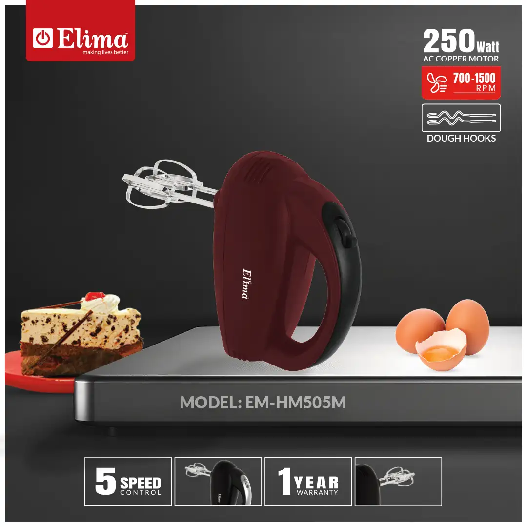 EN-HM505M EM-HM505M Elima Egg Beater- 250W Powerful Hand Mixer with 5 Speed Control & Stainless Steel Beaters - Image 1