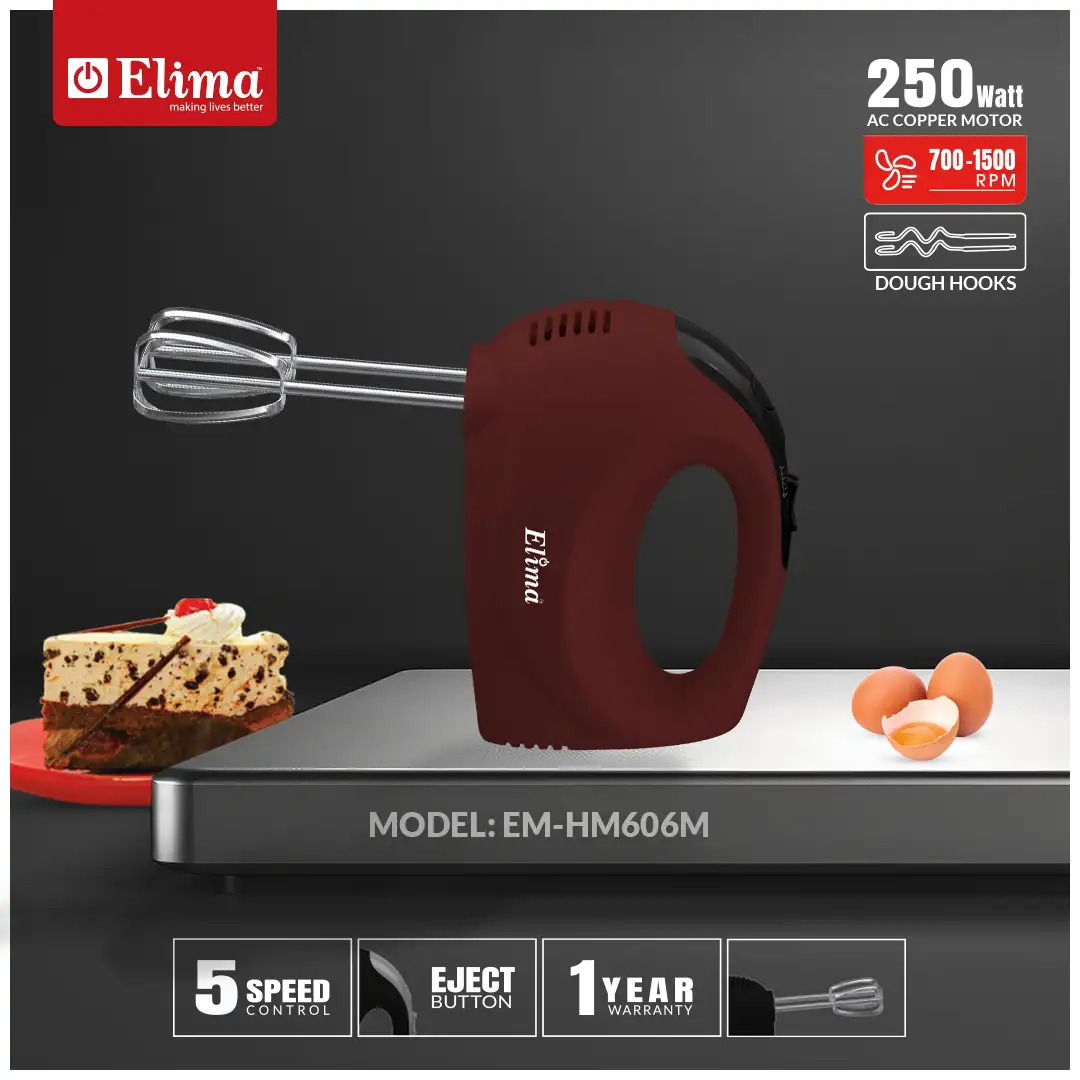 EN-HM606M EM-HM606M Elima Egg Beater- 250W Powerful Hand Mixer with 5 Speed Control & Stainless Steel Beaters - Image 1
