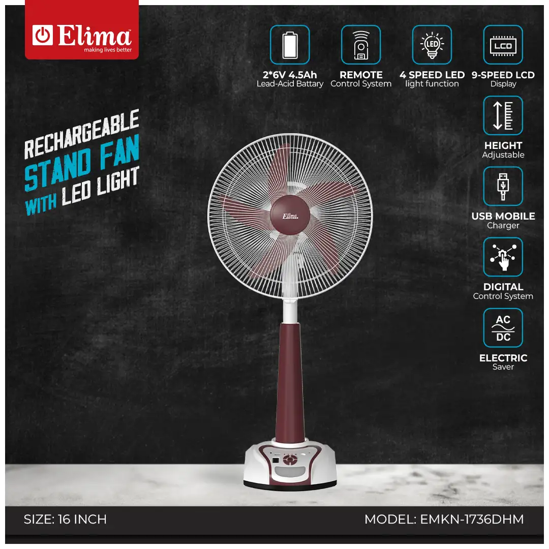 EMKN-1736DHM EMKN-1736DHM Elima Rechargeable Stand Fan with LED Light | Long Backup & Powerful Airflow - Image 1