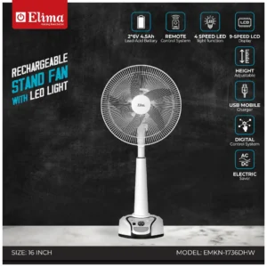 EMKN-1736DHW Elima Rechargeable Stand Fan with LED Light | Long Backup & Powerful Airflow