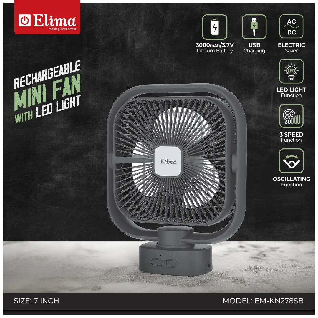 EM-KN278SB Elima 7-Inch Rechargeable Mini Fan EM-KN278SB 3000mAh Battery, AC/DC, USB Charging, LED Light, 3-Speed Control - Image 1