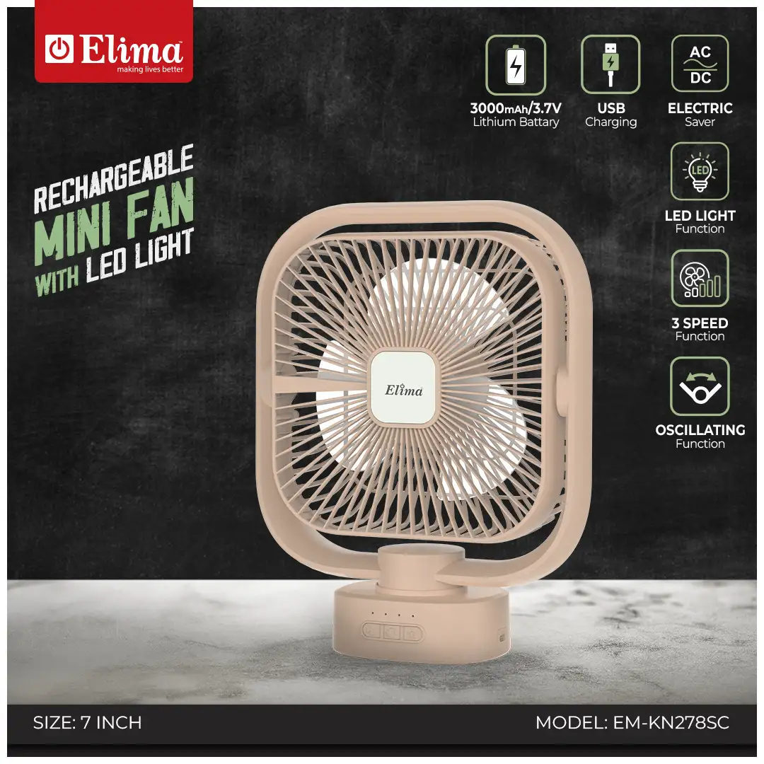 EM-KN278SC Elima 7-Inch Rechargeable Mini Fan EM-KN278SC 3000mAh Battery, AC/DC, USB Charging, LED Light, 3-Speed Control - Image 1