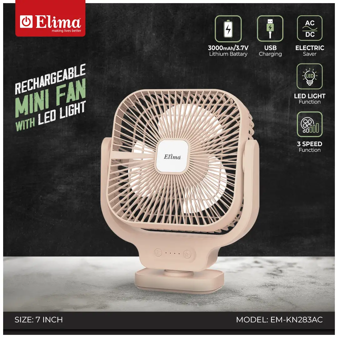 EM-KN283AC Elima 7-Inch Rechargeable Mini Fan EM-KN283AC 3000mAh Battery, AC/DC, USB Charging, LED Light, 3-Speed Control - Image 1