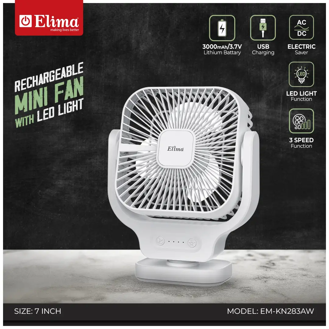 EM-KN283AW Elima 7-Inch Rechargeable Mini Fan EM-KN283AW 3000mAh Battery, AC/DC, USB Charging, LED Light, 3-Speed Control - Image 1