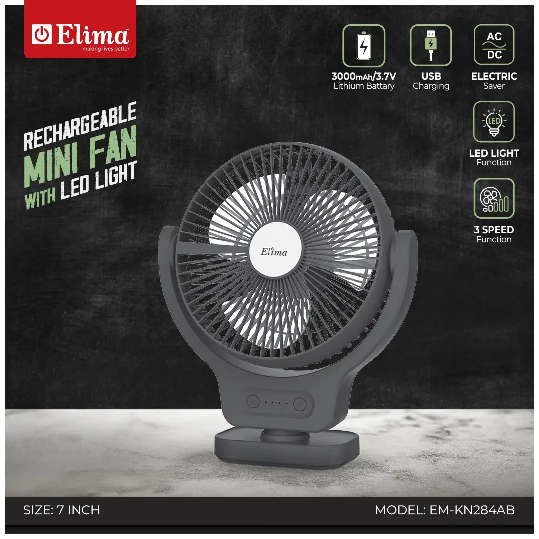 EM-KN284AB Elima 7-Inch Rechargeable Mini Fan EM-KN284AB 3000mAh Battery, AC/DC, USB Charging, LED Light, 3-Speed Control - Image 1