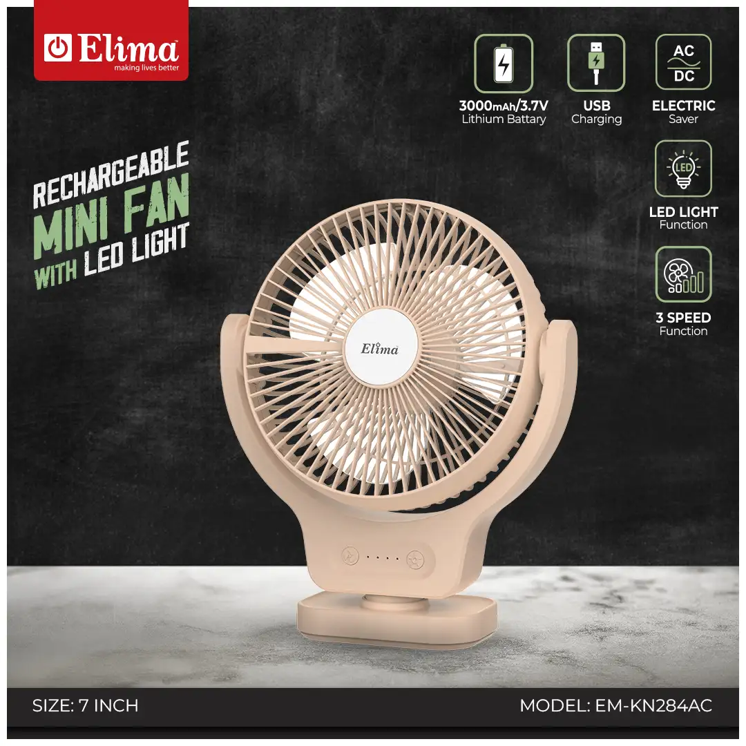 EM-KN284AC Elima 7-Inch Rechargeable Mini Fan EM-KN284AC- 3000mAh Battery, AC/DC, USB Charging, LED Light, 3-Speed Control - Image 1