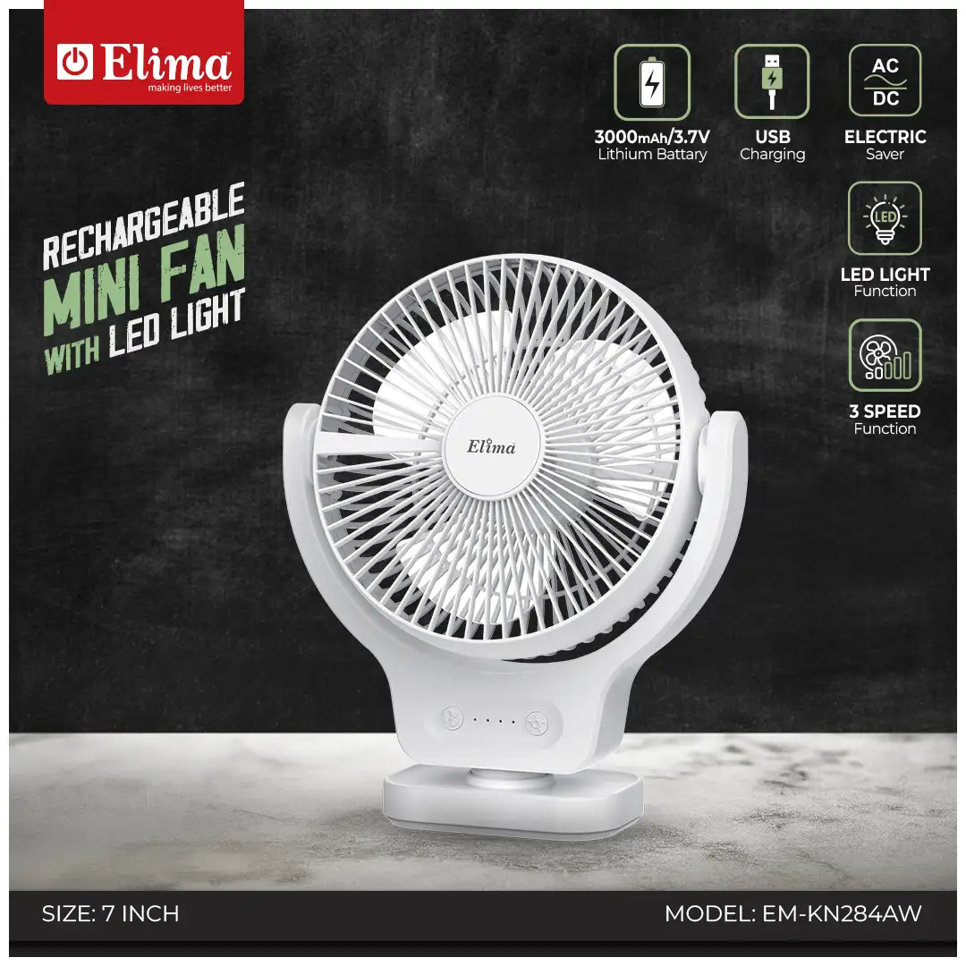 EM-KN284AW Elima 7-Inch Rechargeable Mini Fan EM-KN284AW- 3000mAh Battery, AC/DC, USB Charging, LED Light, 3-Speed Control - Image 1
