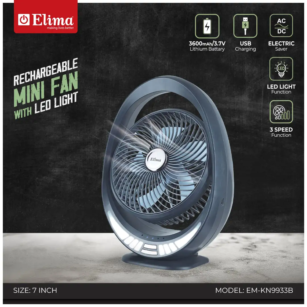 EM-KN9933B EM-KN9933B Elima Rechargeable 7 Inch Mini Fan with LED | Portable & Long Backup - Image 1