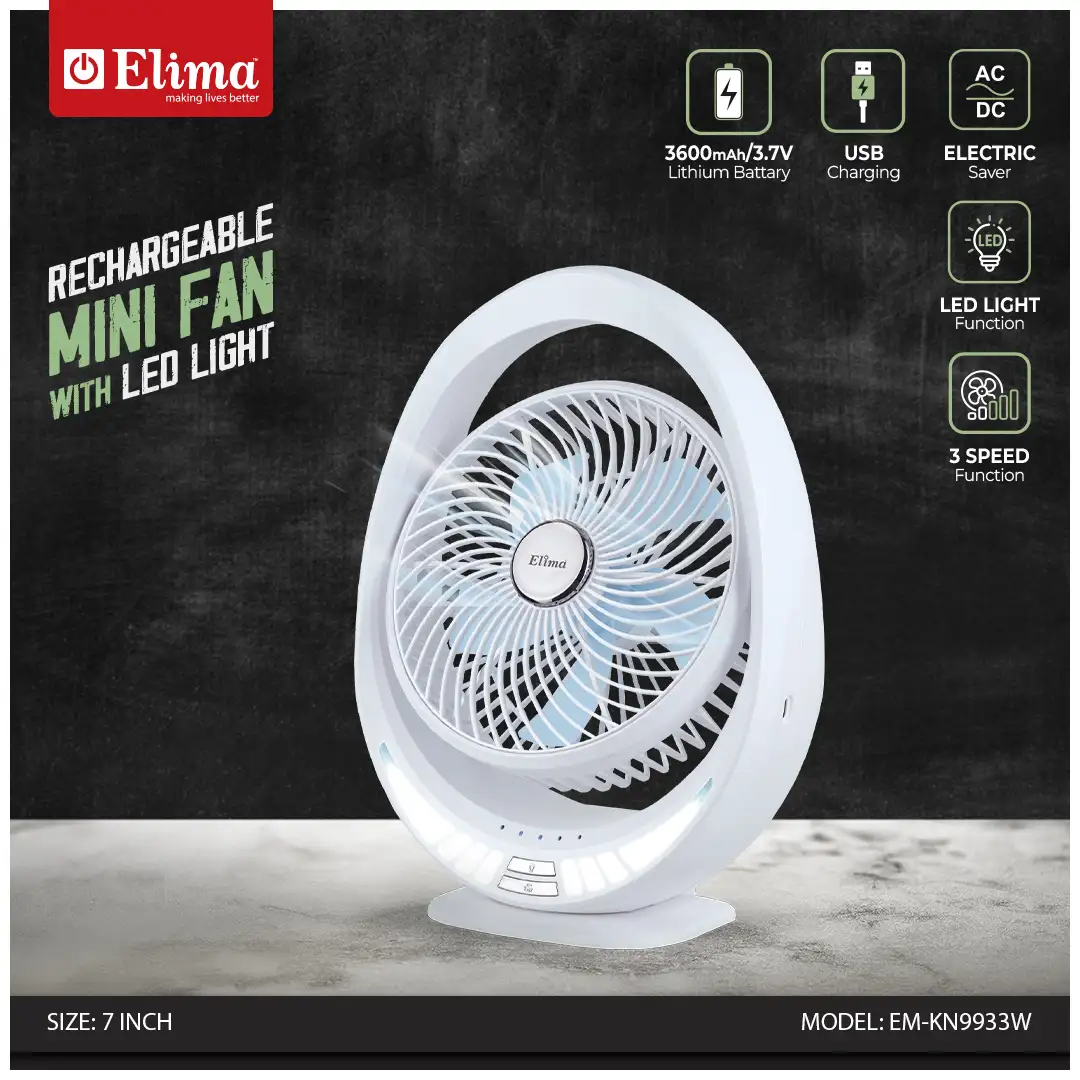 EM-KN9933W EM-KN9933W Elima Rechargeable 7 Inch Mini Fan with LED | Portable & Long Backup - Image 1