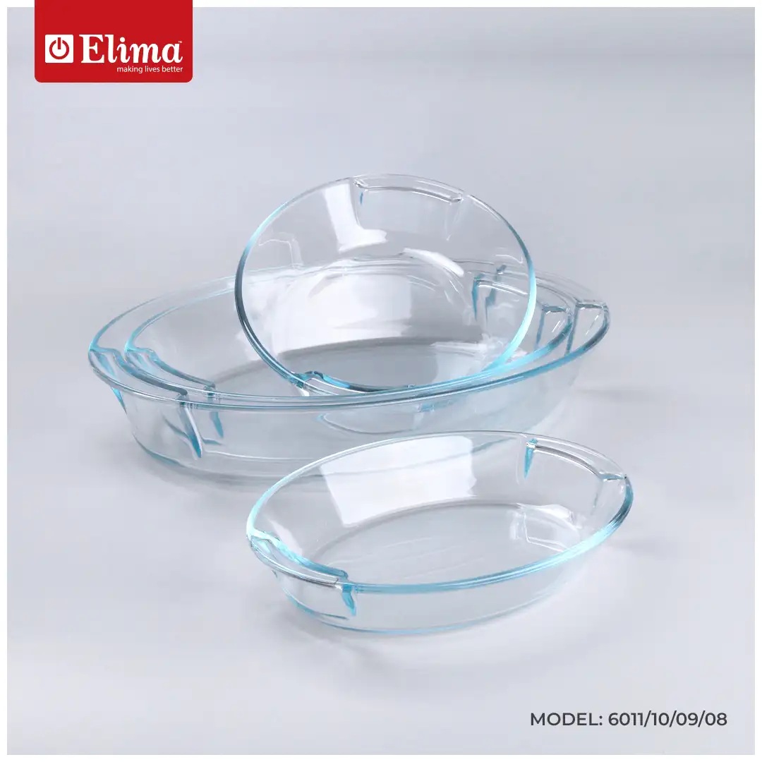 6011-10-09-08 Elima Premium Borosilicate Glass Bakeware Set - Oven, Microwave & Freezer Safe | 4-Piece Oval Set (3.4L/2.2L/1.4L/1.0L) | Model: 6011/10/6009/6008 - Image 1