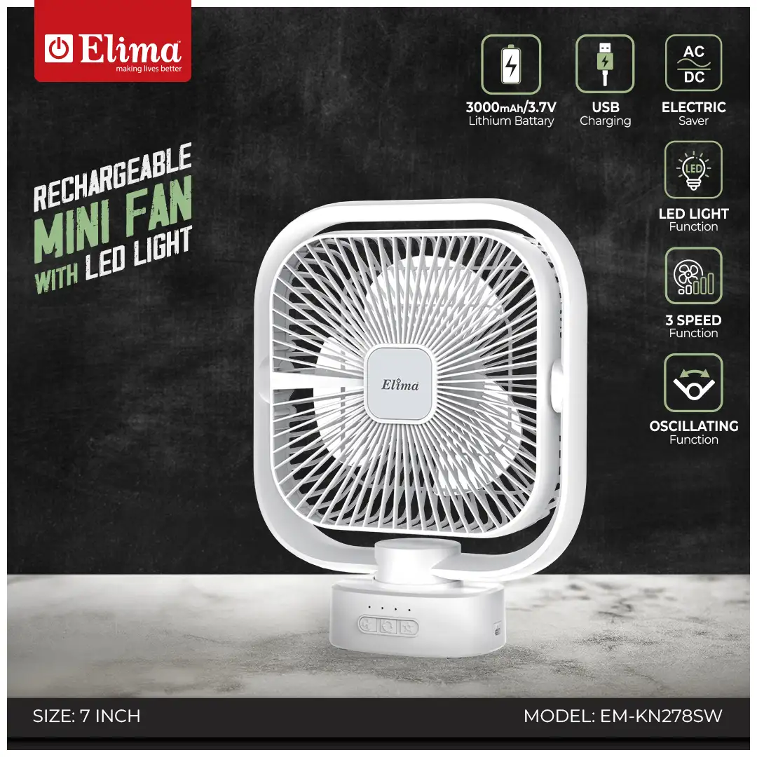 EM-KN278SW Elima 7-Inch Rechargeable Mini Fan EM-KN278SW 3000mAh Battery, AC/DC, USB Charging, LED Light, 3-Speed Control - Image 1