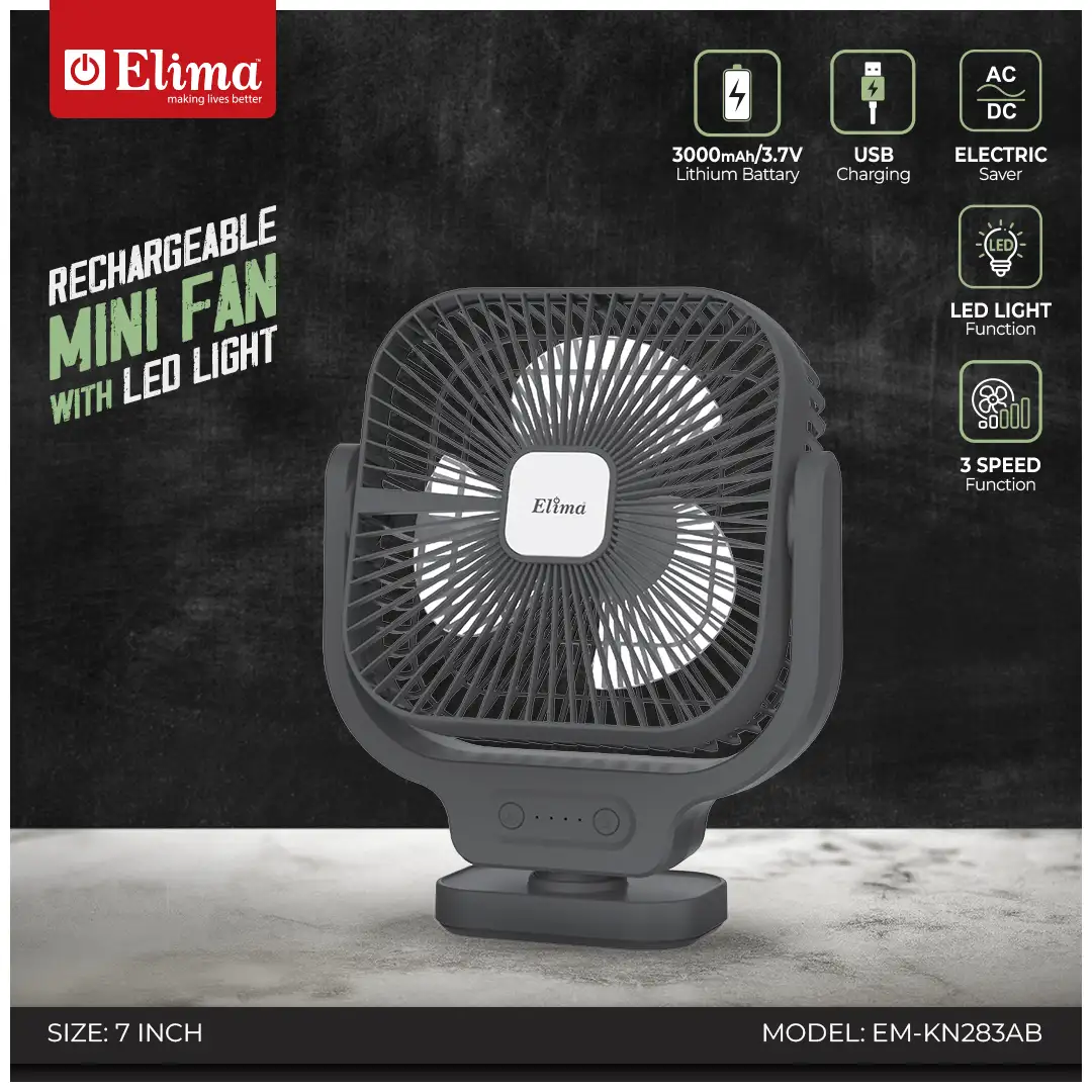 EM-KN283AB Elima 7-Inch Rechargeable Mini Fan EM-KN283AB 3000mAh Battery, AC/DC, USB Charging, LED Light, 3-Speed Control - Image 1