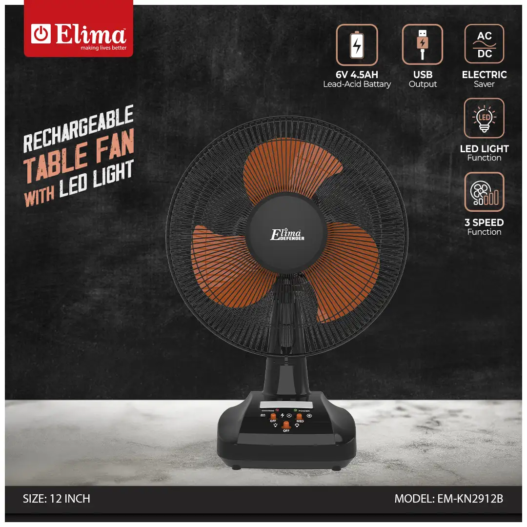 EM-KN2912B Elima EM-KN2912B Rechargeable 12-Inch Table Fan with LED | 6V 7.0Ah Battery | AC/DC | Long Backup Air Circulation Fan - Image 1