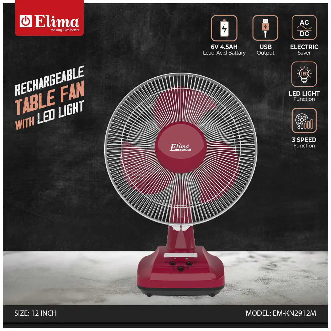 EM-KN2912M Elima EM-KN2912M Rechargeable 12-Inch Table Fan with LED | 6V 7.0Ah Battery | AC/DC | Long Backup Air Circulation Fan - Image 1