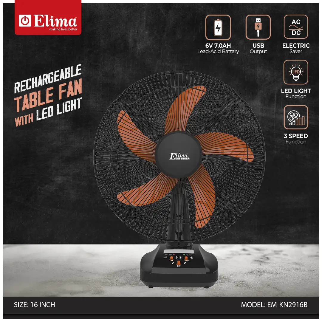 EM-KN2916B Elima EM-KN2916B Rechargeable 16-Inch Table Fan with LED | 6V 7.0Ah Battery | AC/DC | Long Backup Air Circulation Fan - Image 1