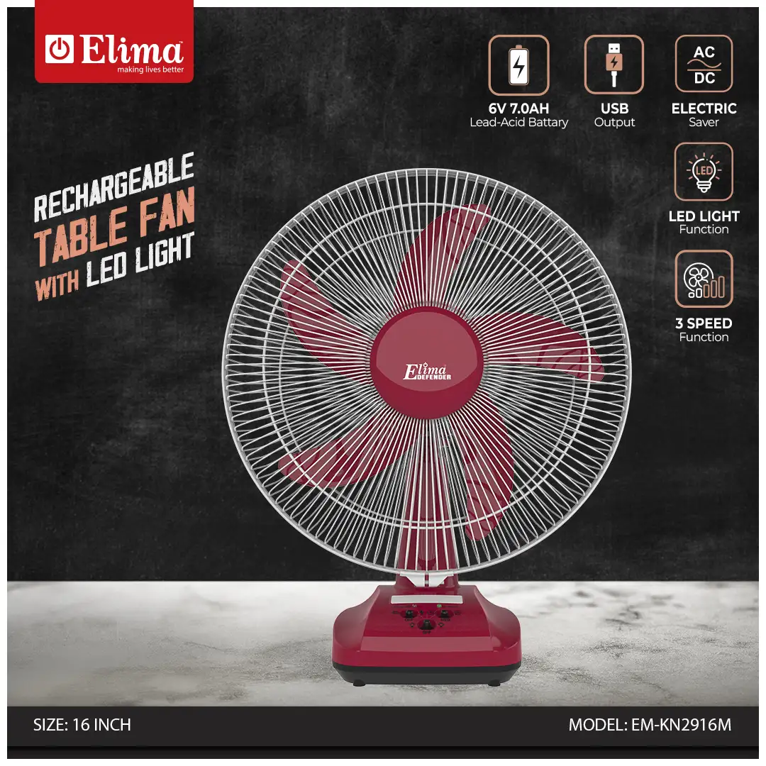 EM-KN2916M Elima EM-KN2916M Rechargeable 16-Inch Table Fan with LED | 6V 7.0Ah Battery | AC/DC | Long Backup Air Circulation Fan - Image 1