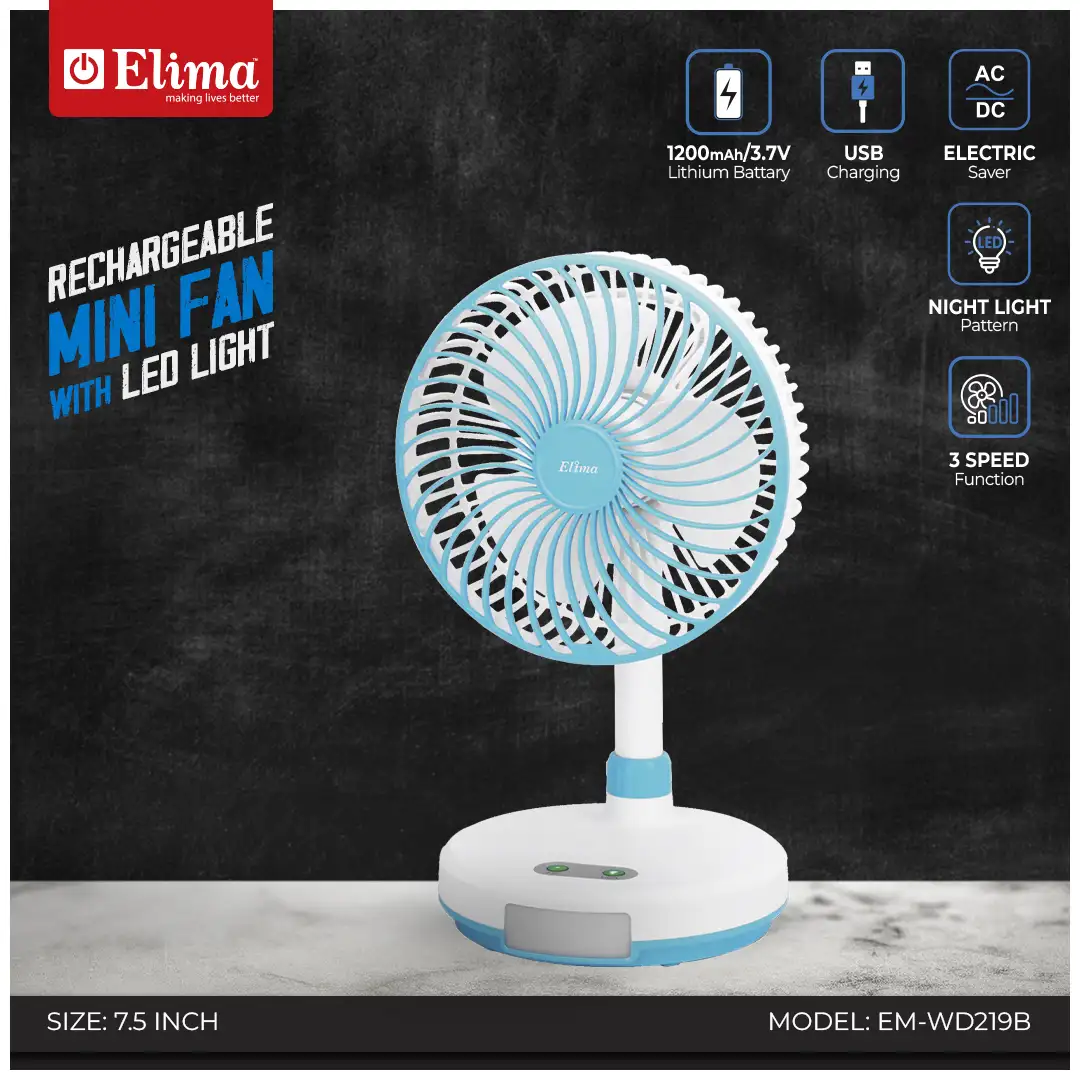 EM-WD219B Elima EM-WD219B Rechargeable Fan - 7.5 Inch | USB Charging | Type-C Input | Night Light Pattern | 3-Speed Table Fan - Image 1