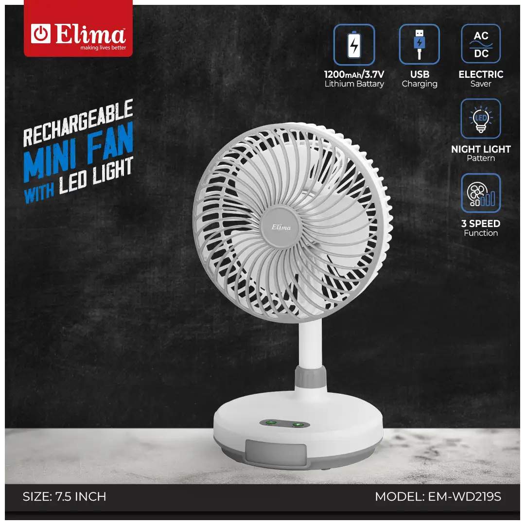 EM-WD219S Elima EM-WD219S Rechargeable Fan - 7.5 Inch | USB Charging | Type-C Input | Night Light Pattern | 3-Speed Table Fan - Image 1