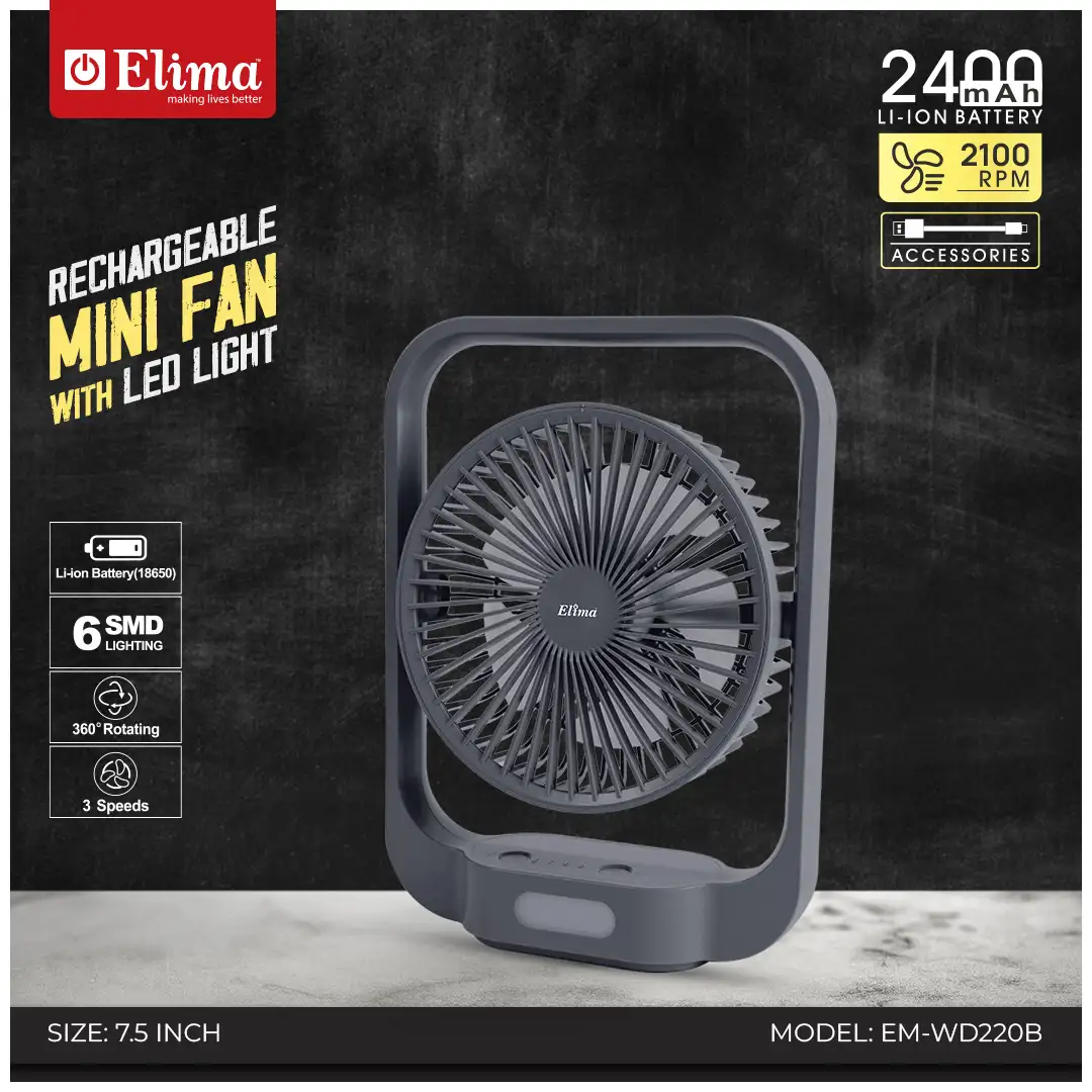 EM-WD220B Elima EM-WD220B Rechargeable Fan- 2400mAh Li-ion Battery | 7.5 Inch 48 SMD Light | 360° Rotating Portable Table Fan - Image 1