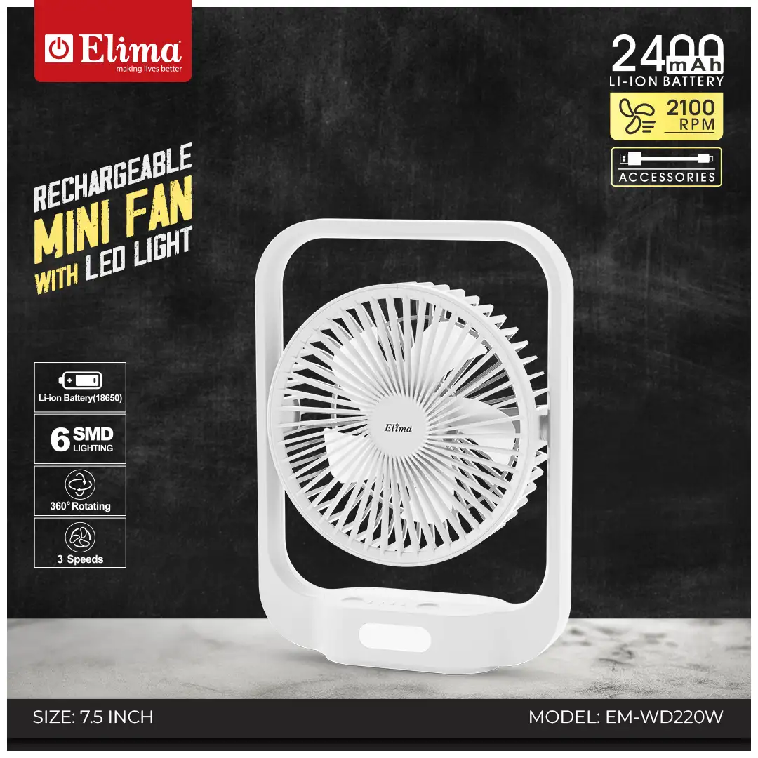 EM-WD220W Elima EM-WD220W Rechargeable Fan- 2400mAh Li-ion Battery | 7.5 Inch 48 SMD Light | 360° Rotating Portable Table Fan - Image 1