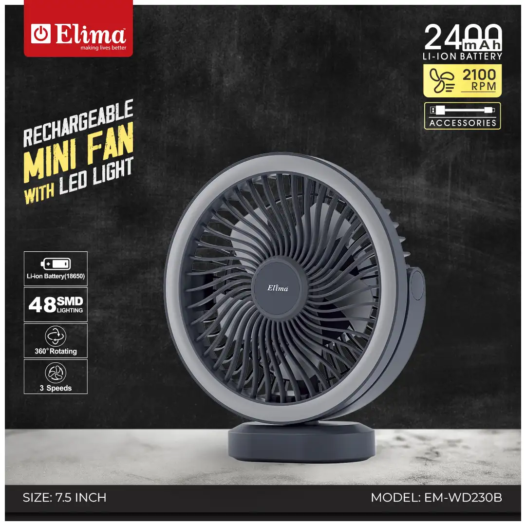 EM-WD230B Elima EM-WD230B Rechargeable Fan- 2400mAh Li-ion Battery | 7.5 Inch 48 SMD Light | 360° Rotating Portable Table Fan - Image 1