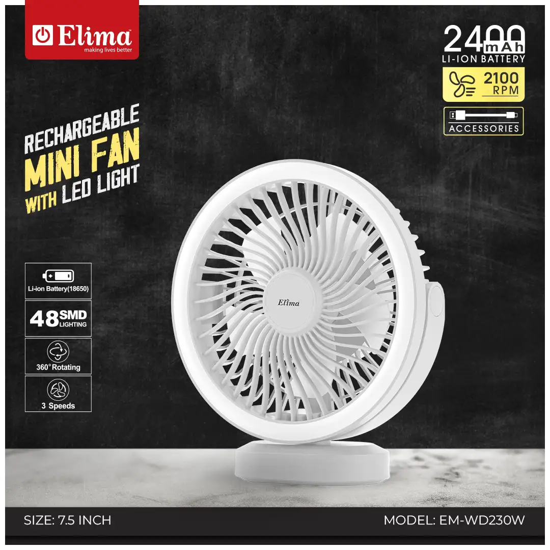 EM-WD230W Elima EM-WD230W Rechargeable Fan- 2400mAh Li-ion Battery | 7.5 Inch 48 SMD Light | 360° Rotating Portable Table Fan - Image 1