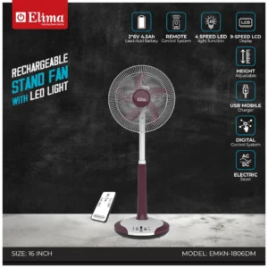 Elima EMKN-1806DM Rechargeable Stand Fan with LED Light - Long Battery Backup & Powerful Airflow for Home & Office