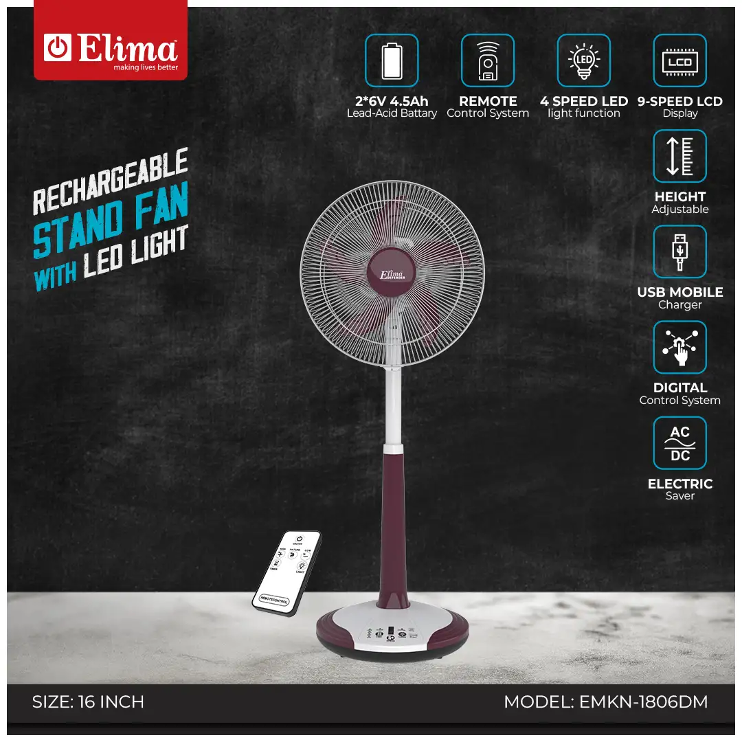 EMKN-1806DM Elima EMKN-1806DM Rechargeable Stand Fan with LED Light - Long Battery Backup & Powerful Airflow for Home & Office - Image 1