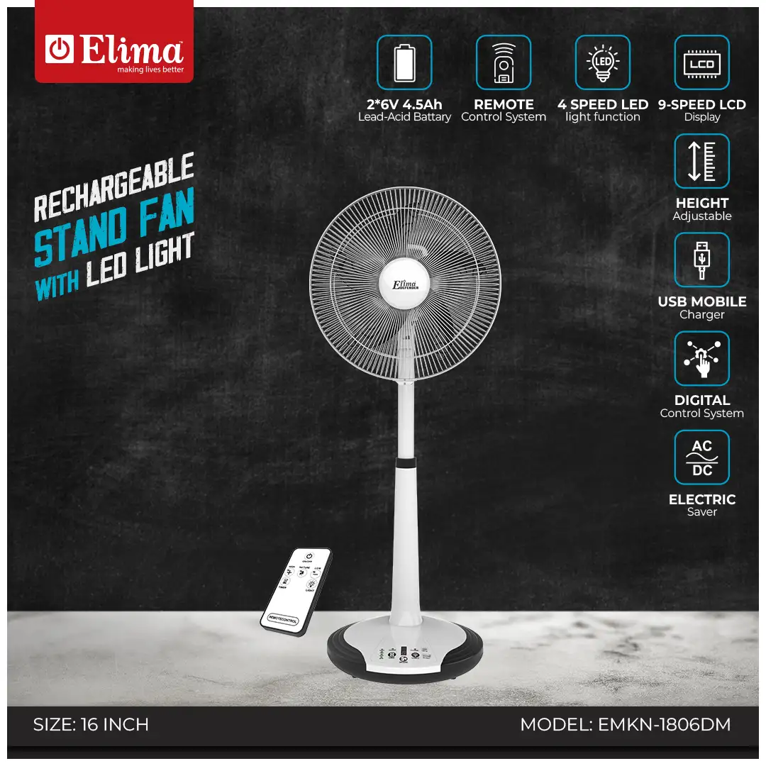 EMKN-1806DW Elima EMKN-1806DW Rechargeable Stand Fan with LED Light - Long Battery Backup & Powerful Airflow for Home & Office - Image 1