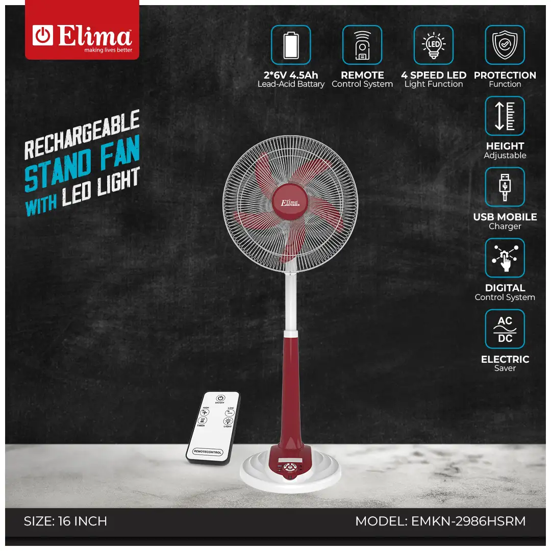 EMKN-2986HSRM Elima EMKN-2986HSRM Rechargeable Stand Fan with LED Light - Long Battery Backup & Powerful Airflow for Home & Office - Image 1