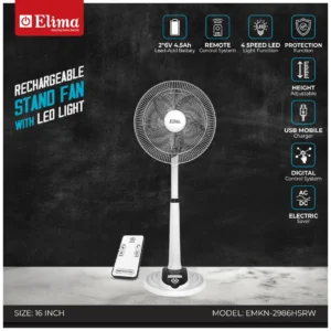 Elima EMKN-2986HSRW Rechargeable Stand Fan with LED Light - Long Battery Backup & Powerful Airflow for Home & Office