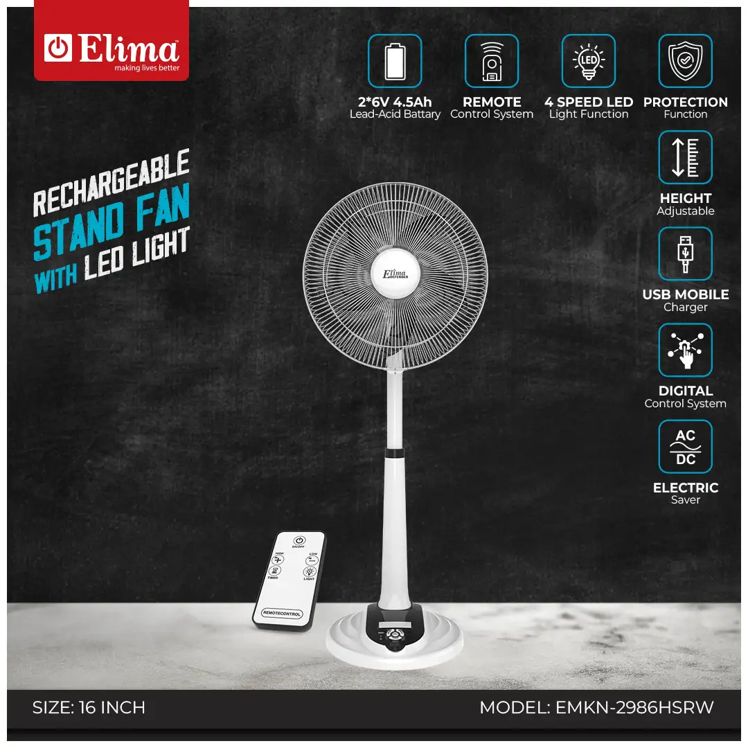 EMKN-2986HSRW Elima EMKN-2986HSRW Rechargeable Stand Fan with LED Light - Long Battery Backup & Powerful Airflow for Home & Office - Image 1
